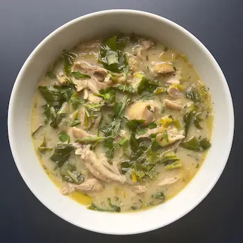 Roast chicken soup with spring greens and fennel